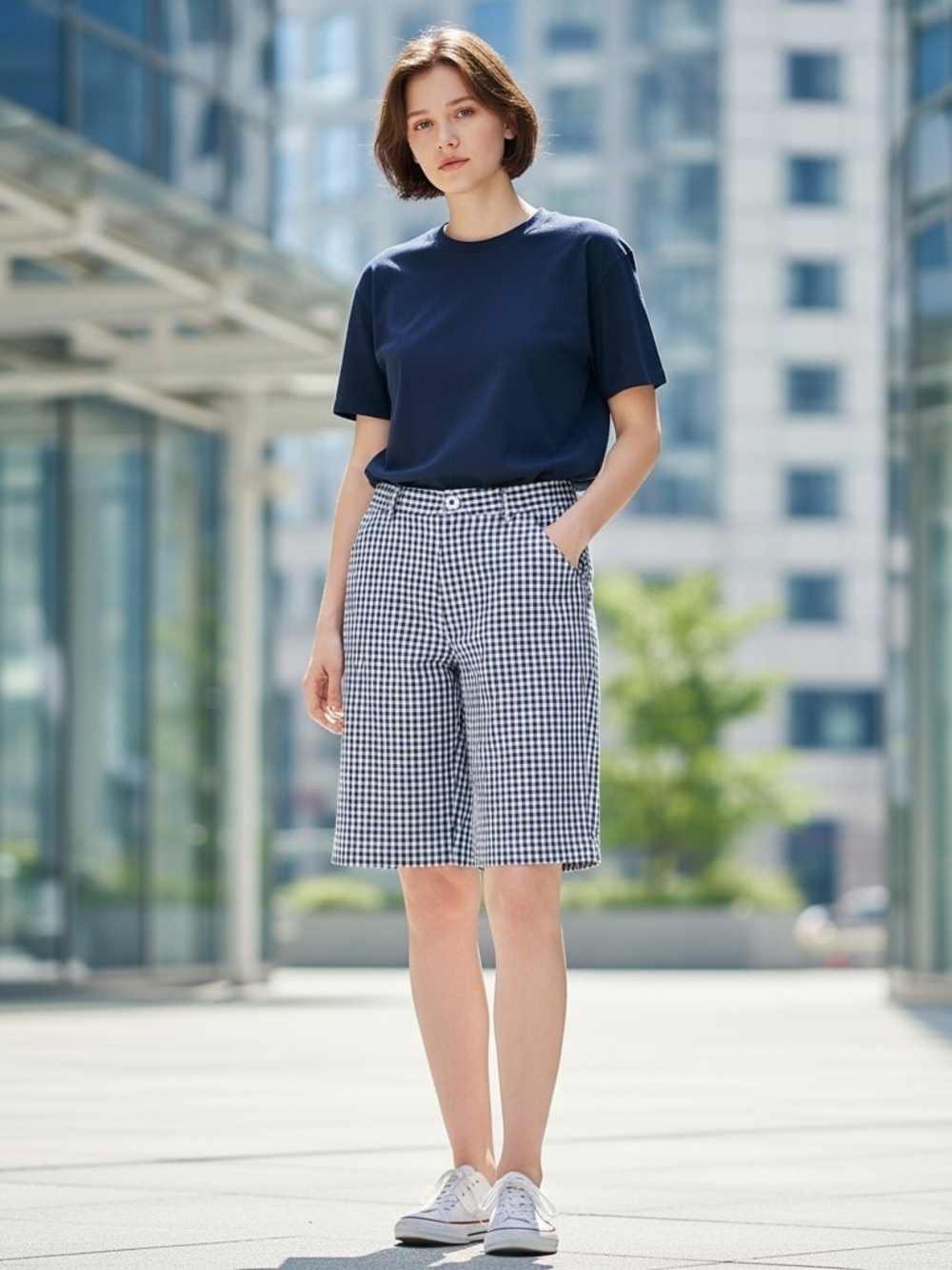 St. John's Bay Gingham Bermuda Shorts Navy Blue White Plaid Stretch Size 12 EUC